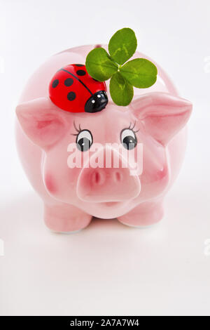 Sparschwein mit vierblättrigen Kleeblättern Stockfoto