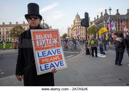 London, Großbritannien. 31 Okt, 2019. Ein Urlaub bedeutet verlassen. März in Westminster im Protest getroffen hat, in der der Ausfall Brexit zu liefern. Es wasa starker Polizeipräsenz an den Protest und die Verhaftungen wurden vorgenommen. Credit: Clearpix/Alamy leben Nachrichten Stockfoto