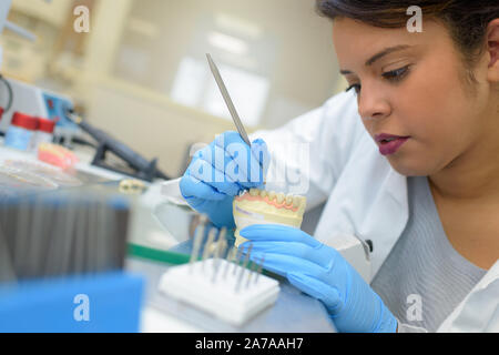 Frau arbeiten an zahnärztliche Prothesen Stockfoto