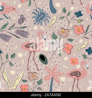 Kreative Sommer Muster mit exotischen Vögeln von Flamingo auf Hintergrund mit exotischen Pflanzen, Palmen und Blumen. Vector Illustration Stock Vektor