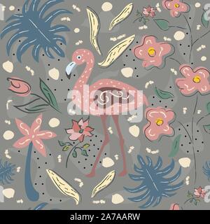 Kreative Sommer Muster mit exotischen Vögeln von Flamingo auf Hintergrund mit exotischen Pflanzen, Palmen und Blumen. Vector Illustration Stock Vektor
