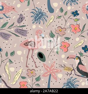 Kreative Sommer Muster mit exotischen Vögeln von Flamingo auf Hintergrund mit exotischen Pflanzen, Palmen und Blumen. Vector Illustration Stock Vektor