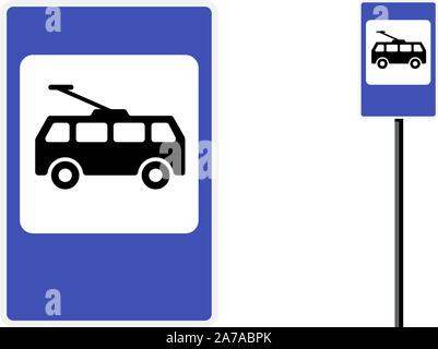 Trolley-Bushaltestelle Poststation Symbol flach Design. Blue City Road öffentlichen Verkehrsmitteln Zeichen gesetzt. Elektrische Obus isoliert Vektor Symbol Illustration auf weißem Hintergrund Stock Vektor