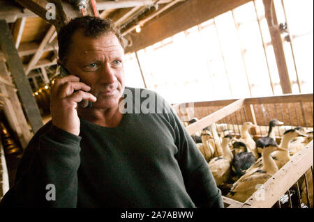 Izzy Yanay, Gründer und Vice President von Hudson Valley Foie Gras, nimmt einen Anruf am Bauernhof in Ferndale, USA, 16. März 2006. Stockfoto