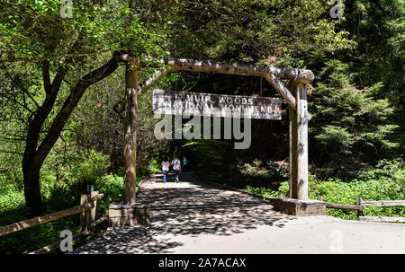 Eingangsschild der Muir Woods National Monument, ein Park in der Nähe von San Francisco, die für ihre herrlichen alten-Küstengebiete Redwood Forest bekannt. Stockfoto