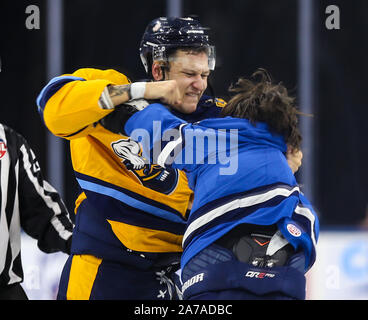 Atlanta Gladiatoren, Anthony Collins (48) und Jacksonville Eisgruben steigt vorwärts Everett Clark (17), rechts, Handel Schläge in der ersten Periode von ein echl Professional Hockey Spiel am Veterans Memorial Arena in Jacksonville, Fla., Mittwoch, Oktober 30, 2019. (Gary Lloyd McCullough/CSM) Stockfoto
