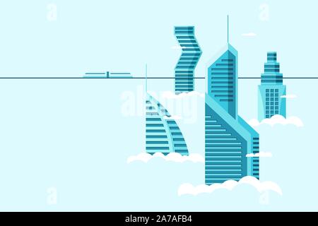 Detaillierte zukünftige Stadt mit unterschiedlicher Architektur hohe Gebäude Wolkenkratzer Wohnungen über Wolken. Futuristische Stadt mit Stadtbild und Einschienenbahn. Vektor-Immobilien-Bau über Himmel Illustration Stock Vektor