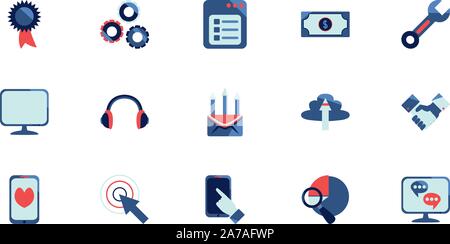 Soziale Medien und Technologie icon Pack Set, Hochwertige Sorte Symbole Vector Illustration Stock Vektor