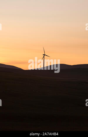 Drumahastie (südlich von Barrhill, Ayrshire, Schottland, UK) Windmühle Sonnenuntergang Silhouette, Teil eines großen Windparks an Land. Stockfoto