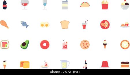 Icon Set pack Design, Essen getränke essen Restaurant Menü Abendessen Mittagessen kochen und essen Thema Vector Illustration Stock Vektor