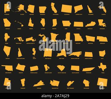Satz von gelben Bundesstaaten der USA auf schwarzem Hintergrund - Vector Illustration. Einfache flache Vektorkarte - United States. Stock Vektor