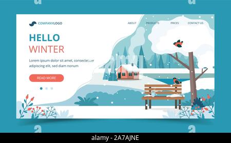 Hallo Winter, Landschaft mit niedlichen Bank im Park. Landing Page Template. Vector Illustration im flachen Stil Stock Vektor