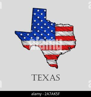 Staat Texas in scribble Stil-Vector Illustration. Abstrakte flache Karte von Texas mit der Einführung der US-Flagge. Stock Vektor