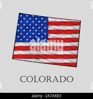 Staat Colorado in scribble Stil-Vector Illustration. Abstrakte flache Karte von Colorado mit der Einführung der US-Flagge. Stock Vektor