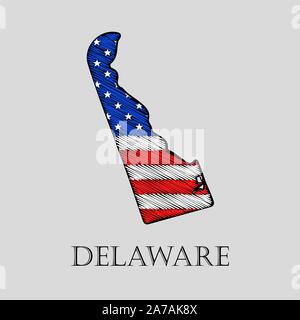 Staat Delaware in scribble Stil-Vector Illustration. Abstrakte flache Karte von Delaware mit der Einführung der US-Flagge. Stock Vektor