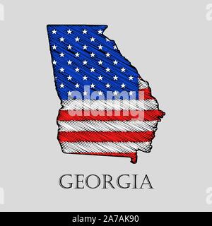 Staat Georgia im Scribble stil-Vector Illustration. Abstrakte flache Karte von Georgien mit der Einführung der US-Flagge. Stock Vektor