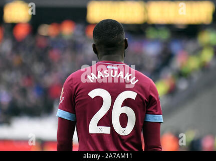 LONDON, ENGLAND - Januar 5, 2019: Fuka-Arthur Masuaku Kawela West Ham dargestellt während der FA Cup 2018/19 Runde 3 Spiel zwischen West Ham United und Birmingham City FC in London Stadion. Stockfoto