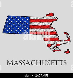 Staat Massachusetts in scribble Stil-Vector Illustration. Abstrakte flache Karte von Massachusetts mit der Einführung der US-Flagge. Stock Vektor