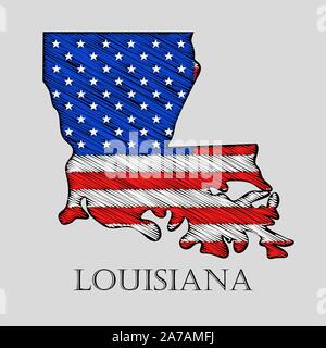 Staat Louisiana in scribble Stil-Vector Illustration. Abstrakte flache Karte von Louisiana mit der Einführung der US-Flagge. Stock Vektor