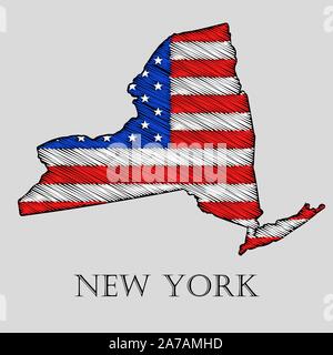 Staat New York im Scribble stil-Vector Illustration. Abstrakte flache Karte von New York mit der Einführung der US-Flagge. Stock Vektor