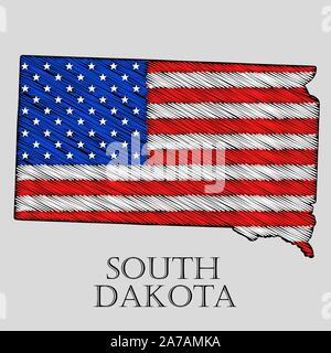 Staat South Dakota in scribble Stil-Vector Illustration. Abstrakte flache Karte von South Dakota mit der Einführung der US-Flagge. Stock Vektor