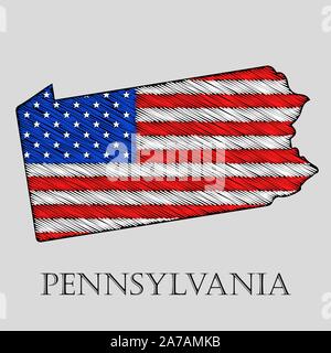 Staat Pennsylvania in scribble Stil-Vector Illustration. Abstrakte flache Karte von Pennsylvania mit der Einführung der US-Flagge. Stock Vektor