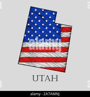 Staat Utah in scribble Stil-Vector Illustration. Abstrakte flache Karte von Utah mit der Einführung der US-Flagge. Stock Vektor