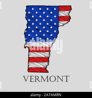 Staat Vermont in scribble Stil-Vector Illustration. Abstrakte flache Karte von Vermont mit der Einführung der US-Flagge. Stock Vektor