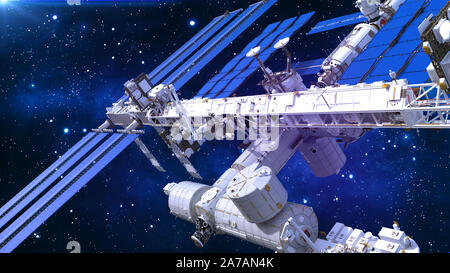Space station, Satelliten mit Solarzellen, Platz im Universum, bis Ansicht schließen, 3D-Rendering Stockfoto
