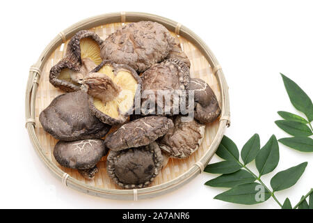 Japanische getrocknete Shiitake-pilze in einem Bambus Warenkorb Stockfoto