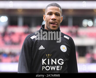 LONDON, ENGLAND - Februar 10, 2019: Leicester Player dargestellt vor der 2018/19 Premier League Spiel zwischen den Tottenham Hotspur und Leicester City im Wembley Stadion. Stockfoto