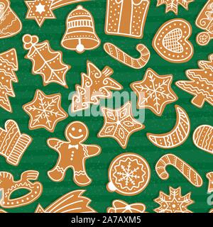 Lebkuchen Männer und Weihnachtsbaum, Stern, Glocke, Haus, Zuckerrohr, Herzen, Kugel, Crescent, Präsentieren, Mistel. Vektor Weihnachten nahtlose Muster mit gingerb Stock Vektor