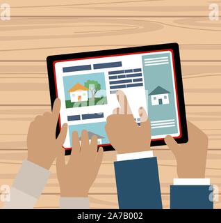 Paar Hände mit Tablette ein Haus für Verkauf online Suche - Vektor gruppiert und leicht zu bearbeiten. Stock Vektor