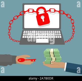 Ransomware virus Business Computer mit Hand Banknoten und Schlüssel Vorhängeschloss - scam Konzept gesperrt Stock Vektor