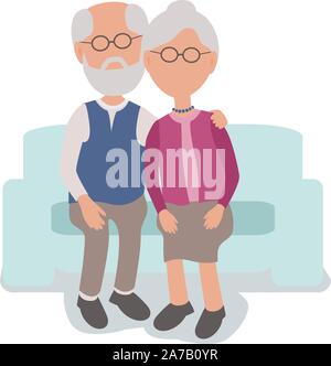 Lieben älteren Mann und Frau Paar sitzt auf der Couch umarmt - Vektor zeichen Körper Teile gegliedert und einfach zu bearbeiten - begrenzte Palette Stock Vektor