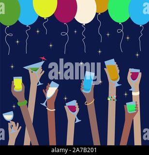 Hände mit Alkohol Getränke in Gläsern feiern bei Party-Ballons oben Vektor einfach zu bearbeiten Stock Vektor