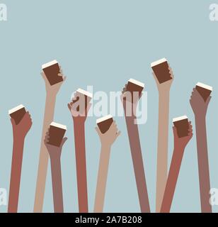 Hände mit Getränken von Kaffee in Tassen weg nehmen - blauer Hintergrund Stock Vektor