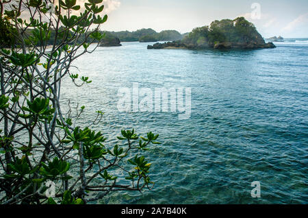 Tropische Insel im Meer, Kondang Merak Strand, Malang, Ost Java, Indonesien Stockfoto