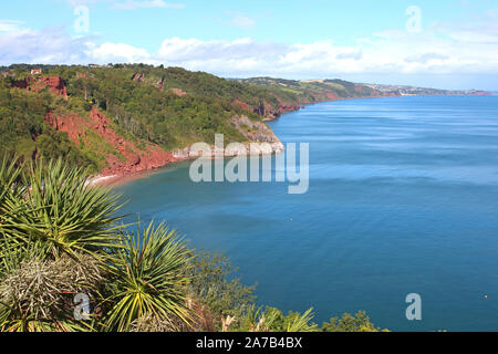 Babbacombe Bay von der Klippe entlang der Küste in Richtung Exmouth, Exmouth und des Flusses Exe suchen. Babbacombe ist Teil von Torquay in Devon. Stockfoto