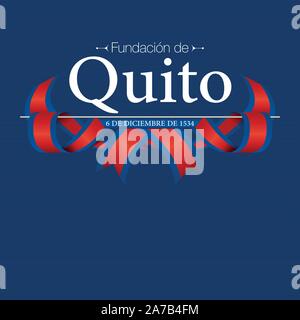 FUNDACION DE QUITO Grußkarte-STIFTUNG VON QUITO in Spanischer Sprache - Titel weiß auf dunkelblauem Hintergrund mit blauen und roten Fahnen Stock Vektor