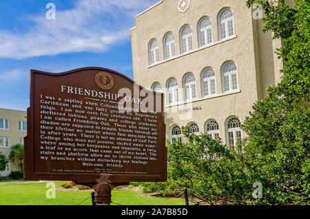 Ein Zeichen erzählt die Legende von der 500 Jahre alten Freundschaft Eiche, Oktober 22, 2019, Long Beach, California. Stockfoto