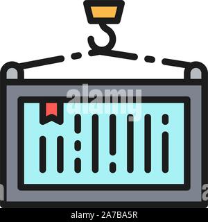 Haken mit Container, Kran heben flach Farbe Symbol. Stock Vektor
