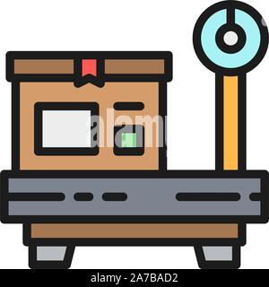 Box auf Skalen, Paket mit einem Gewicht von flachen Farbe Symbol. Stock Vektor