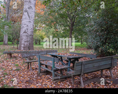 Tische und Bänke für ein Picknick in einem öffentlichen Park durch trockene Blätter im Herbst fallen Stockfoto