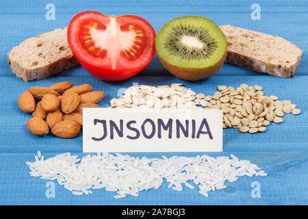 Beste nahrhafte natürliche Lebensmittel, Melatonin und Tryptophan. Gesunder Schlaf Stockfoto