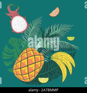 Geometrische gelb orange Ananas mit tropischer Blätter und Früchte abstrakt Retro Design. Stock Vektor