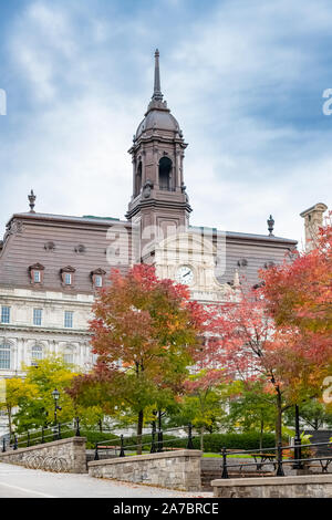Montreal, das Rathaus im Zentrum, wunderschönes Gebäude im Herbst, mit bunten Bäumen Stockfoto