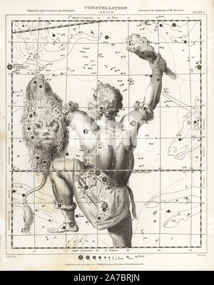 Astronomische Diagramm des Sternbildes Orion. Kupferstich von Milton nach einer Zeichnung von L. Hebert von Abraham Rees Cyclopedia oder Universal Wörterbuch der Künste, der Wissenschaften und der Literatur, Longman, Hurst, Rees, Orme und Brown, London, 1820. Stockfoto