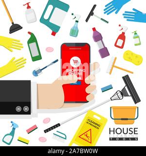 Der Vektor der online Werbung der Reinigung Werkzeuge Vertrieb. Hand Handy für Online Shopping mit Haushaltswaren Reinigungsmittel, auszurüsten Stock Vektor
