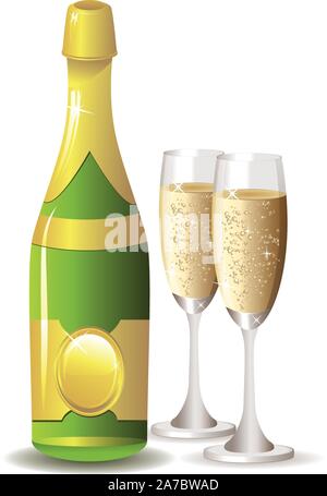 Zwei Gläser Champagner und Flasche auf weißem Hintergrund. Stock Vektor